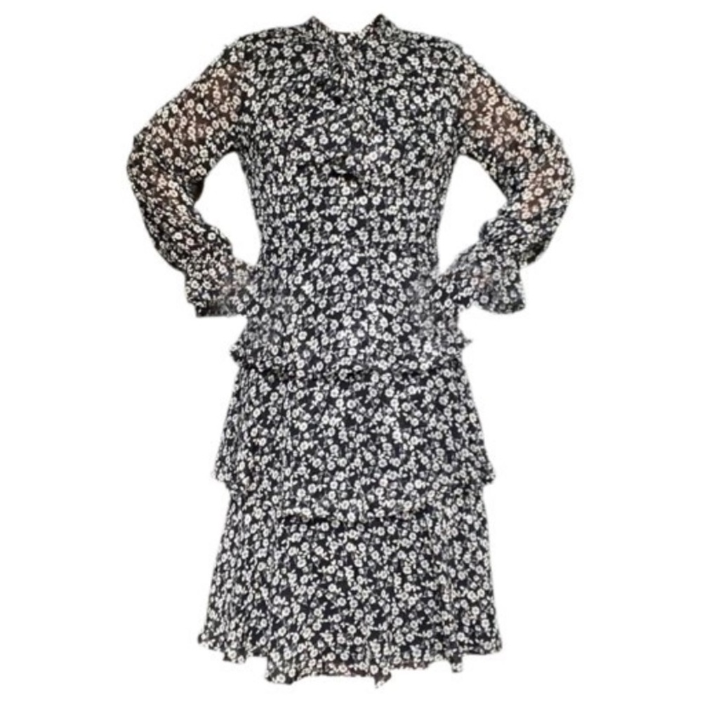 Mikael Aghal $968 Black Floral Tiered Midi Dress Long Sleeve sz 8 EUC